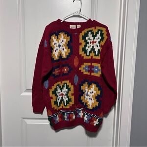 Huntington Ridge Red Multicolor Vintage Mosaic Long Sleeve Winter Sweater